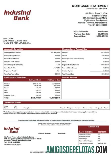 em branco Modelo Word e PDF de extrato de hipoteca do Banco IndusInd da Índia